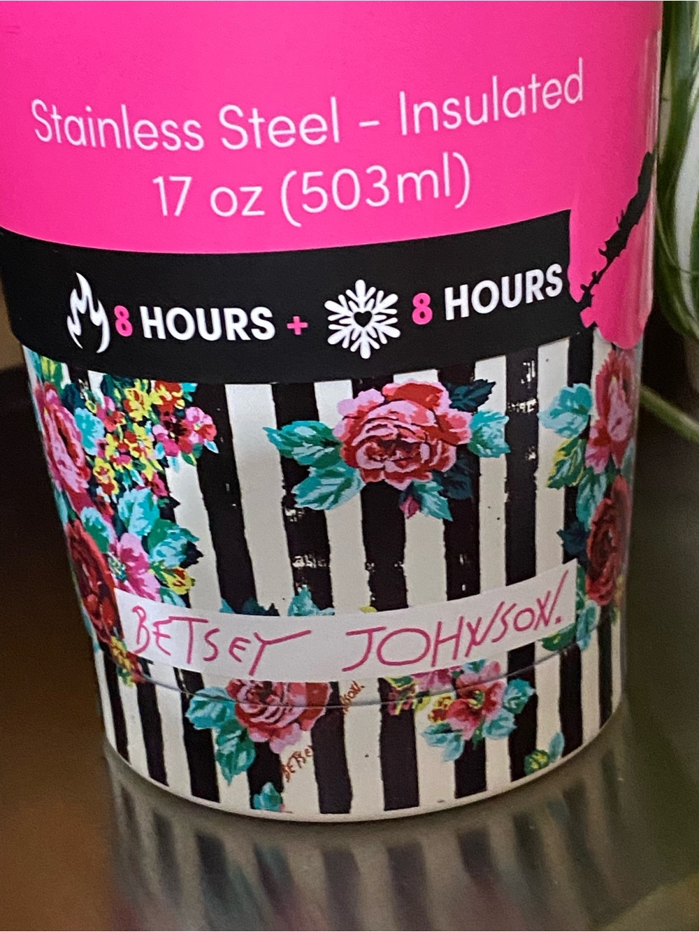 Betsey Johnson Black & White Striped Floral Tumbler with Hot Pink Logo - Picture 4 of 10